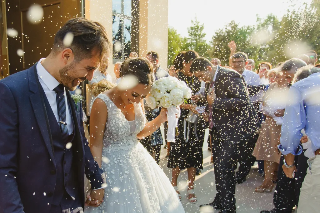a man and woman in a wedding dress